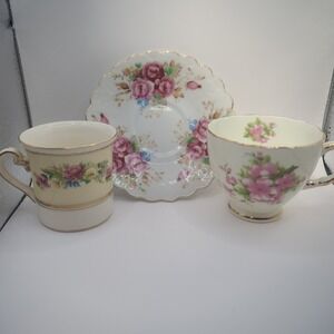 Tiny Vintage Bone Chine Cups & Saucer - England & Japan Floral 3" Tall Demitasse